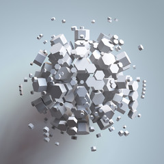 3D rendering of white hexagonal prism. Sci-fi background. Abstract sphere in empty space.