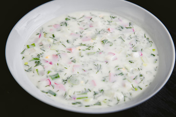 hash on the plate, vegetables drenched yogurt, food