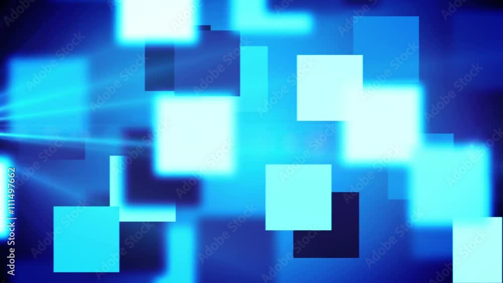 Poster seamless looping background animation with blue bouncing square frames and lens flares