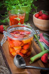 Homemade compote of rhubarb and strawberries.