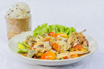 Horse crab papaya salad or what we called Som Tum Poo Ma in Thai the famous Thai style local the eastern delicious food of Thailand.