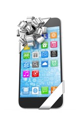 Black phone with silver bow and icons. 3D rendering.