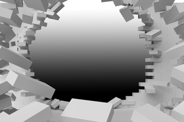 3D rendering Destruction of a white brick wall on black backgrou