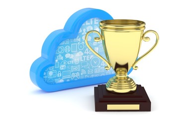 Isoalted golden cup with cloud on white background. Blue contour cloud. Concept of cloud storage competition. Leader cloud drive. Best storage contest. 3D rendering.