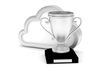 Isoalted silver cup with cloud on white background.  Concept of cloud storage competition. Leader cloud drive. Best storage contest. 3D rendering.
