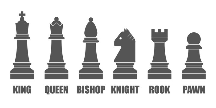 Chess pieces. Vector chessmen shapes with the names of figures isolated on white background.