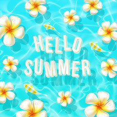 Vector illustration of summer vacation. Exotic flowers and greeting letters floating in the shallow water of a tropical sea.