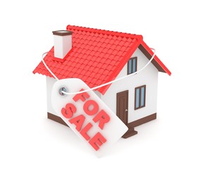 Miniature model of house real estate for sale label on white background. 3D rendering.