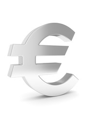 Isolated silver euro sign on white background. European currency. Concept of investment, european market, savings. Power, luxury and wealth. 3D rendering.