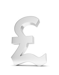 Isolated silver pound sign on white background. British currency. Concept of investment, european market, savings. Power, luxury and wealth. Great Britain, Nothern Ireland. 3D rendering.