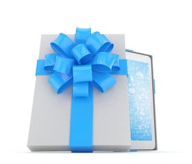 Tablet in white gift box with blue bow and ribbons on white. 3D rendering.