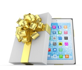 Tablet in white gift box with golden bow and ribbons on white. 3D rendering.