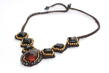 Luxury Vintage Style Black Crystal Necklace on White Background.