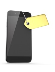 Smart phone with golden price tag on white background. Identification, price, label. Luxury and expensive offer. 3D rendering.