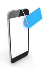 Smart phone with blue price tag on white background. Identification, price, label. 3D rendering.