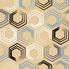 Cute vector geometric seamless pattern. Brush strokes, hexagon. Hand drawn grunge texture. Abstract forms. Endless texture can be used for printing onto fabric or paper