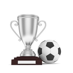 Isolated silver cup with ball on white background. Soccer and football. Second place trophy. Game and competition. 3D rendering