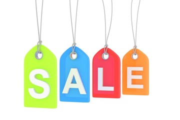 Colorful isolated sale labels on white background. Price tags. Special offer and promotion. Store discount. Shopping time. 3D rendering.