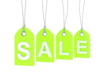 Green isolated sale labels on white background. Price tags. Special offer and promotion. Store discount. Shopping time. 3D rendering.