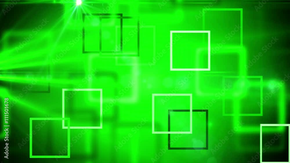 Poster seamless looping background animation with green bouncing square frames and lens flares