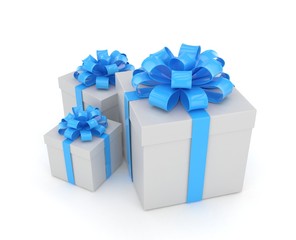 three gift boxes with bows isolated on white. 3d rendering.