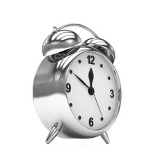 Chrome alarm clock on white. 3d rendering.