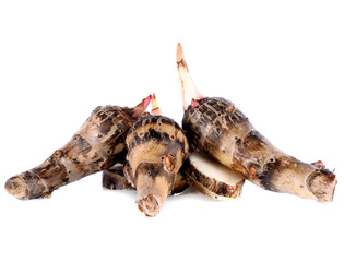Taro roots on white background