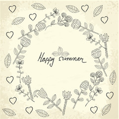 Vector Hand drawn floral background with frame for your text. Card with flowers. Doodle template universal hand drawn card