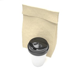 Coffee to go and lunch bag, on white. 3d rendering.