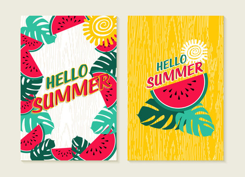 Hello summer set of watermelon tropical nature art