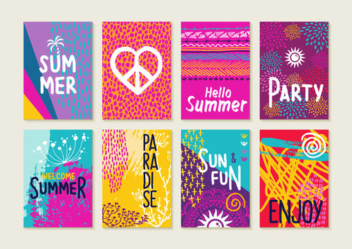 Colorful summer card set with beach illustrations