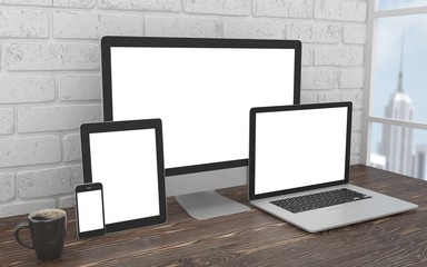Fototapeta premium Responsive mockup screen. Monitor, laptop, tablet, phone on table in office. 3d rendering.