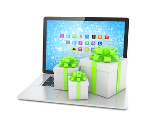 Gift box with ribbon bow on laptop keyboard. 3d rendering.