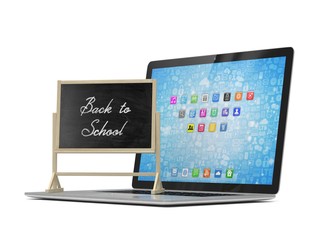 Laptop with chalkboard, back to school, online education concept. 3d rendering.