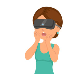 Girl was surprised from seen in a virtual reality helmet. Modern technologies of entertainment, communication and video games.