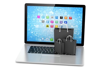 laptop and  shopping pags on white background. 3d rendering.