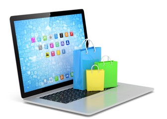 laptop and  shopping pags on white background. 3d rendering.
