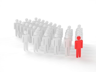 Many 3d people figure in arrow shape with the leader in front. 3d rendering.