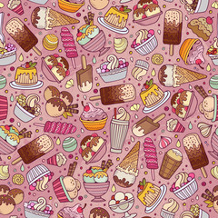 Cartoon hand-drawn ice cream doodles seamless pattern