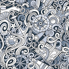 Cartoon hand-drawn nautical doodles seamless pattern