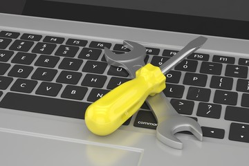 3D Illustration Wrench and screwdriver on laptop, service concept