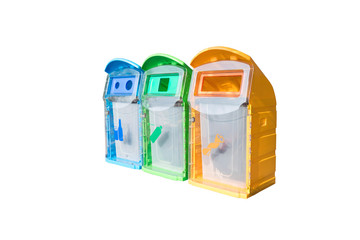 Colorful plastic bins for different waste types isolated on white background.