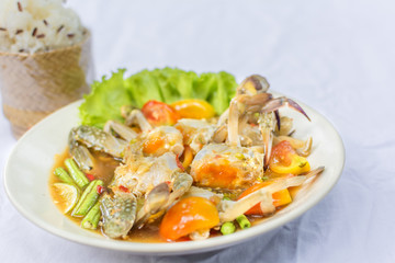 Horse crab papaya salad or what we called Som Tum Poo Ma in Thai the famous Thai style local the eastern delicious food of Thailand.