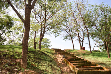 Stairs in the park within Leon Viejo - ruins of the old city of Leon, Nicaragua. The city was abandoned after the quakes and Momotombo eruption in the 17th century. Unesco world heritage site