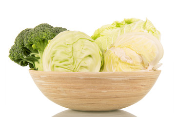 Bowl  fresh broccoli, cauliflower, Chinese cabbage, and isolated on white.