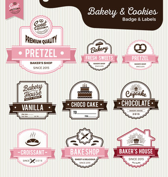 Set of sweet bakery and bread labels design for sweets shop, bakery shop, cake shop, restaurant, bake shop. Vector illustration.
