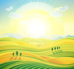 Fototapeten Landschaftshintergrund. Ländliche Landschaft des Sommersonnenaufgangs mit sanften Hügeln und Feldern. © Rustic