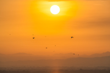 Natural aerial view of sunrise or sunset over mountain ranges. Scenery of Pa Sak Chonlasit, Lopburi province, Thailand.