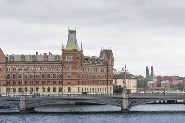 Scenic panorama of the Old Town (Gamla Stan) pier architecture in Stockholm, Sweden