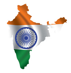 Vector India flag blowing in the wind in India map shape.